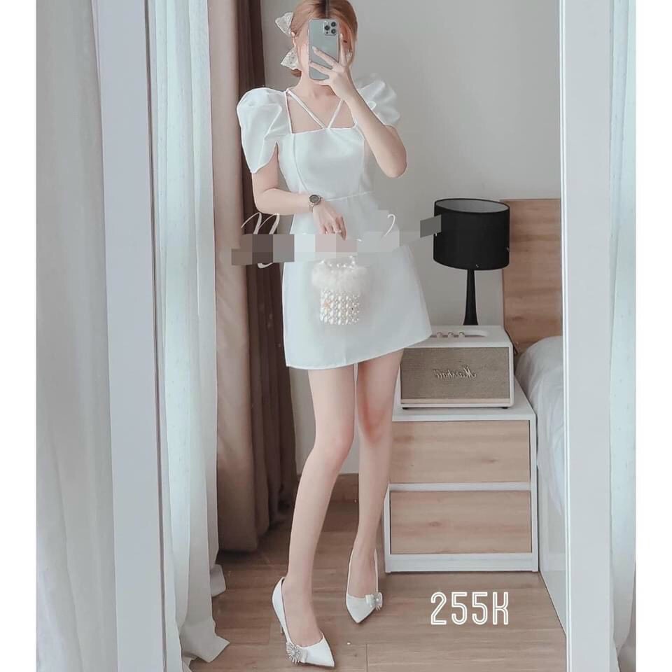 [ Miễn phí ship 2022 ] Đầm váy nữ dự tiệc tiểu thư, đầm cổ vuông tay phồng cột dây cổ sexy, sang chảnh kèm ảnh thật