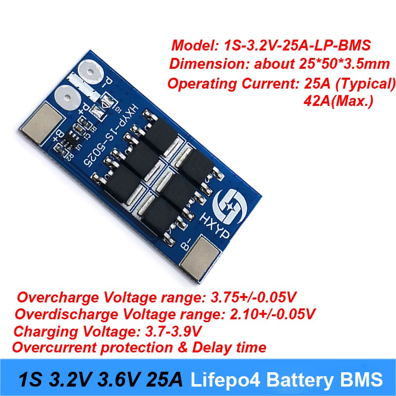 1S 3.2V 25A lifepo4 Bảng bảo vệ pin Lithium Sắt Phosphate 1 Mô-đun bảo vệ chống quá tải chống sạc quá mức Cell 3.6V