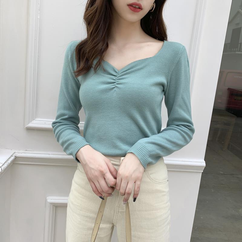 Spring and Autumn New Knit Bottoming Shirt Women Korean Version Slim Slimming Long-sleeved Versatile Top