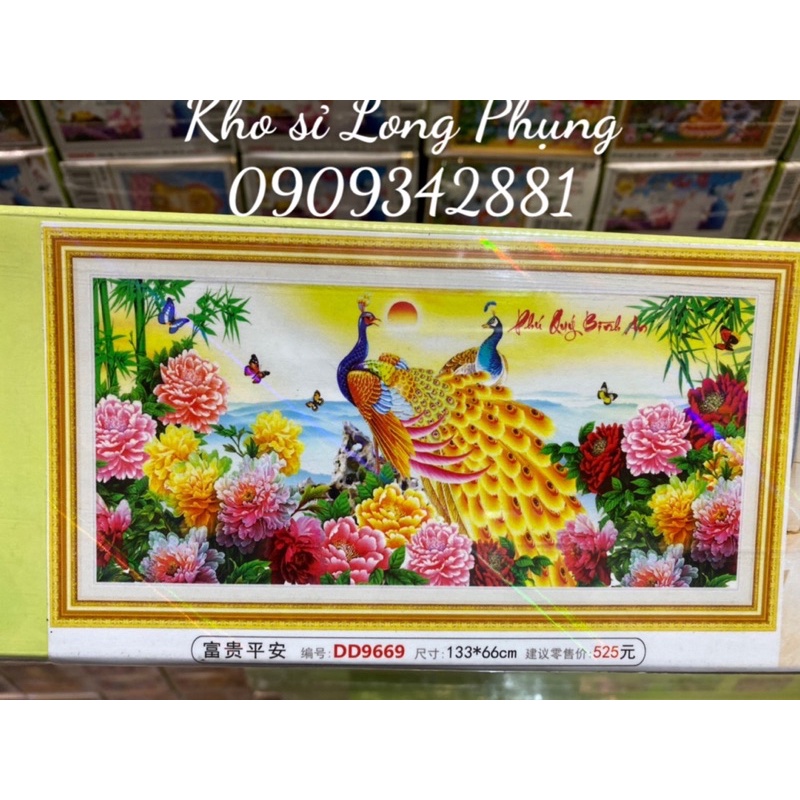 Tranh đính đá  -Tranh thêu chữ thập CHIM CÔNG Phú quý bình an D9669 133x66 cm