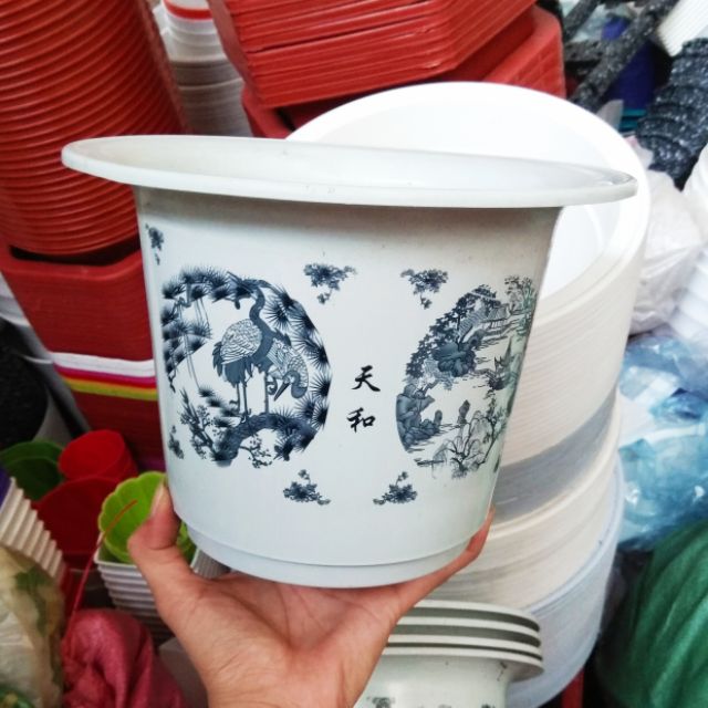 Chậu nhựa tròn loe họa tiết size 3 (30x23x18cm)
