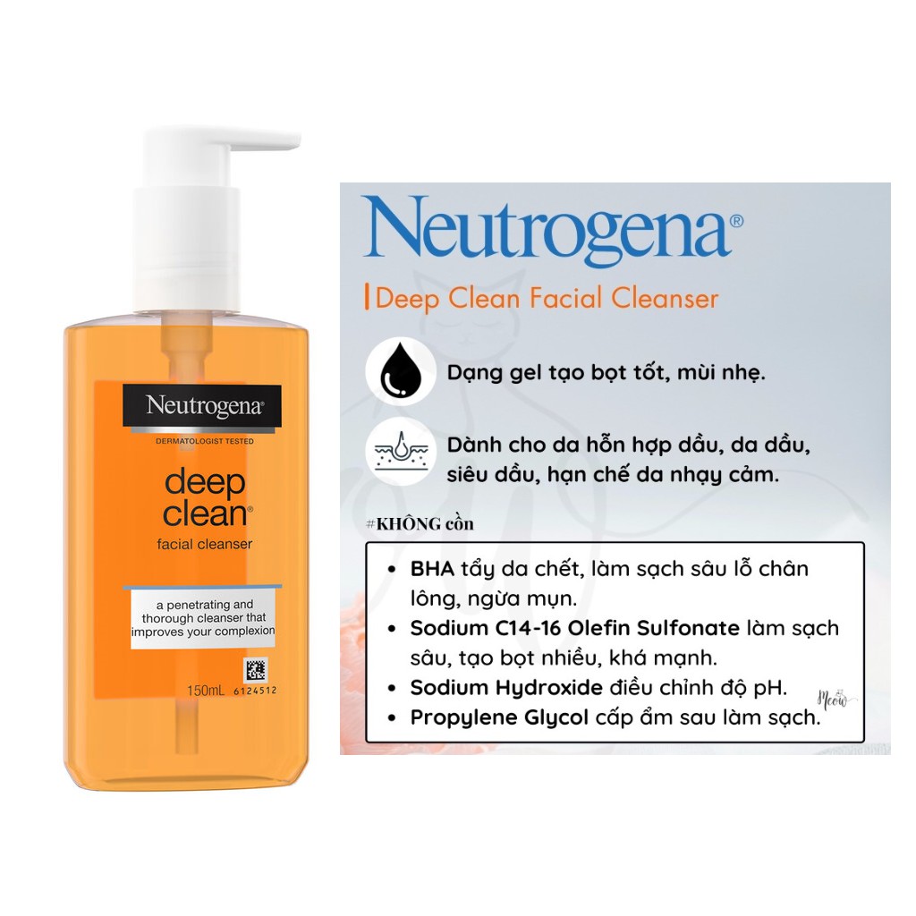Sữa Rửa Mặt NEUTROGENA Facial Cleanser Deep Clean làm sạch sâu dạng gel 150mL