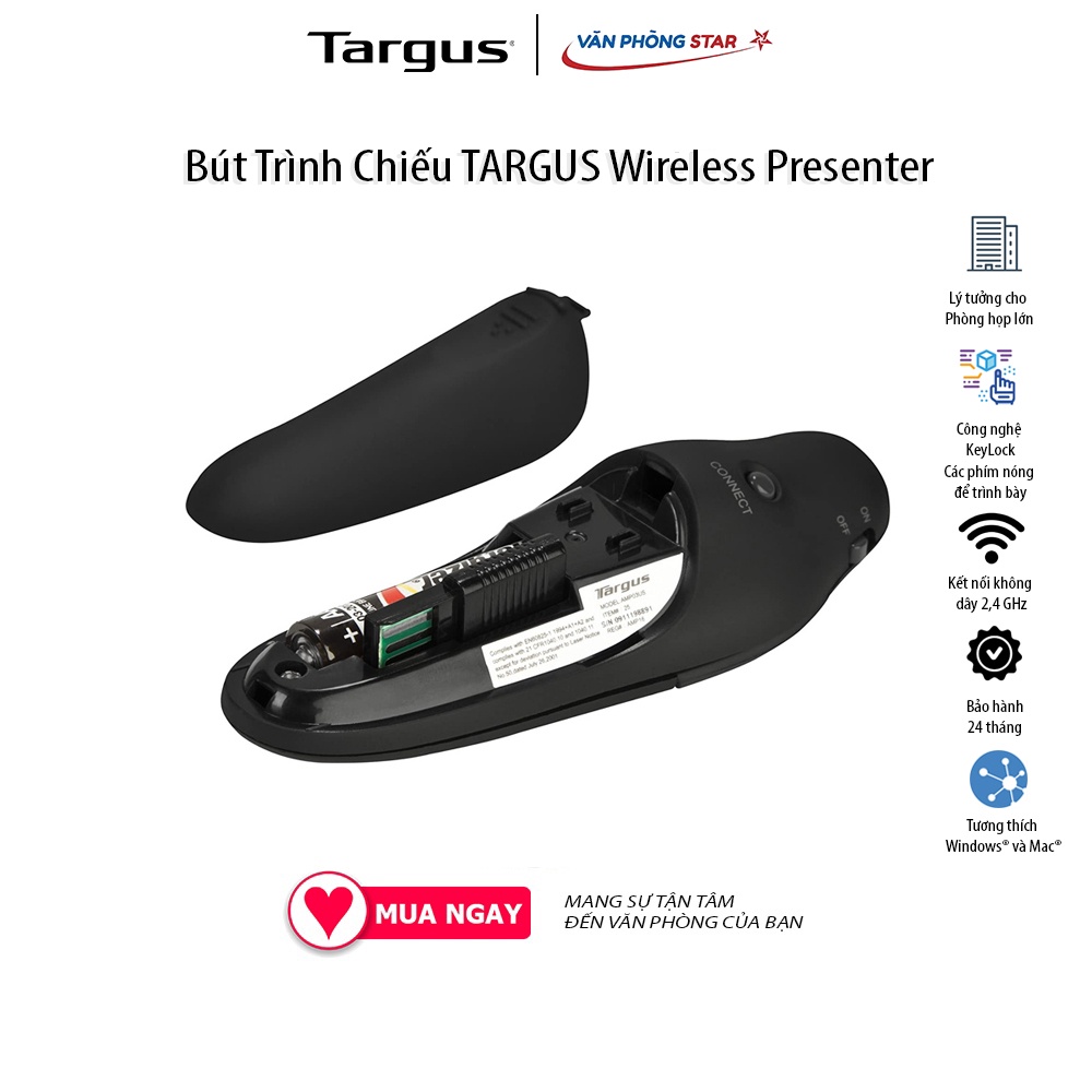 Bút Trình Chiếu TARGUS P19 Wireless Presenter With Laser Pointer Kết nối không dây Tương thích với Windows &amp; MacOS