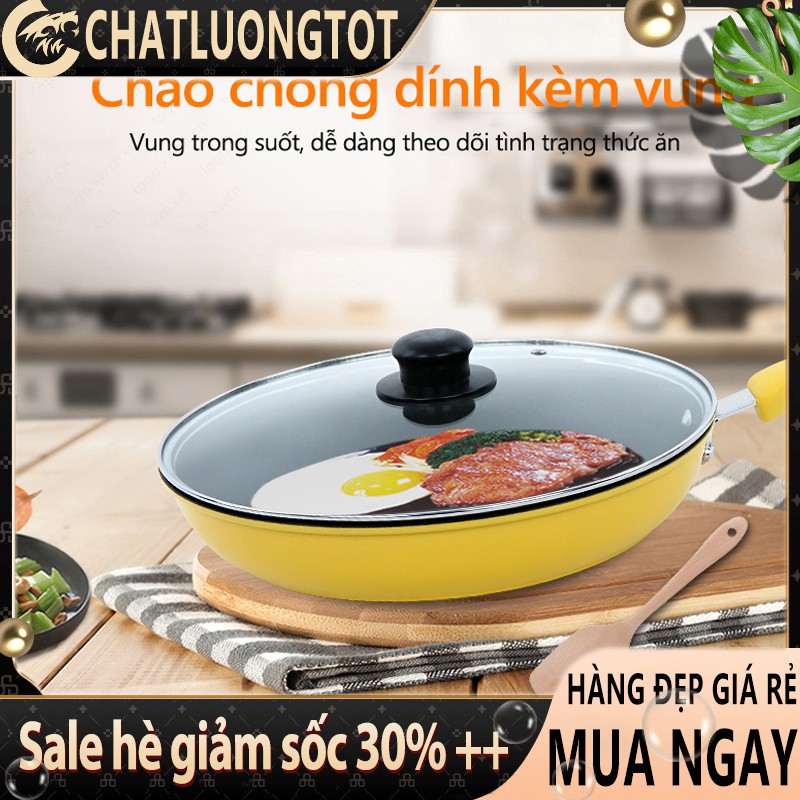 Chảo chống dính màu vàng 28cm,có nắp, tặng vá xào gỗ, chảo chiên chảo rán chảo rán cao cấp YA11