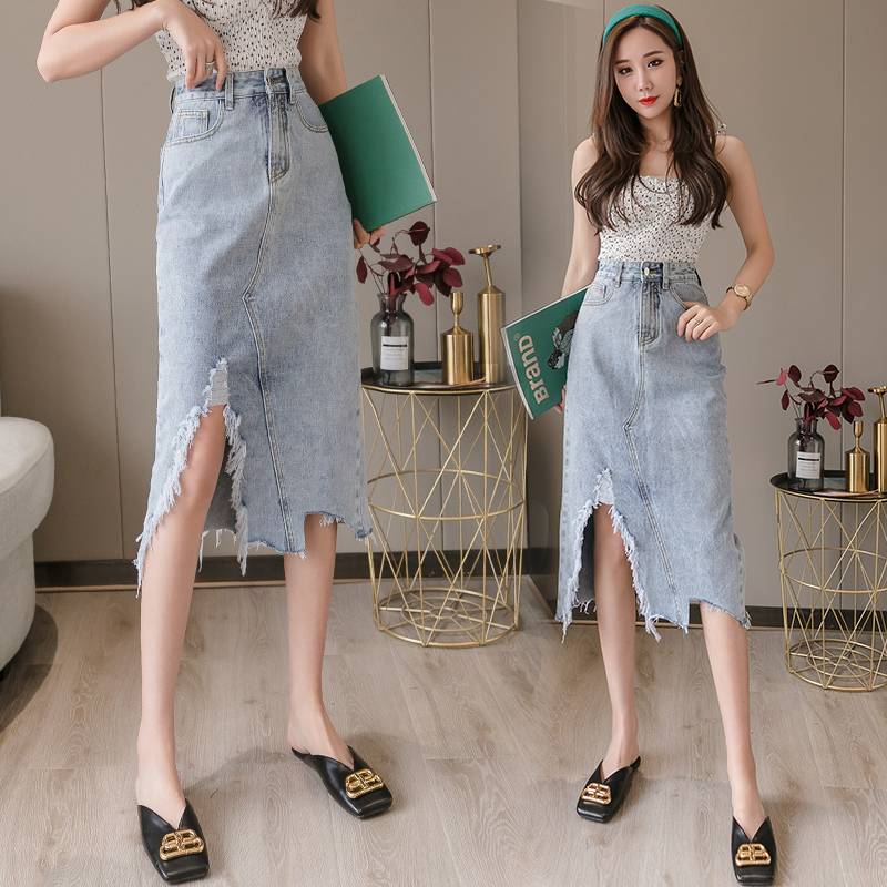Chân Váy Denim Dáng Chữ A Lưng Cao Phối Rách Kiểu Hàn Quốc Cá Tính