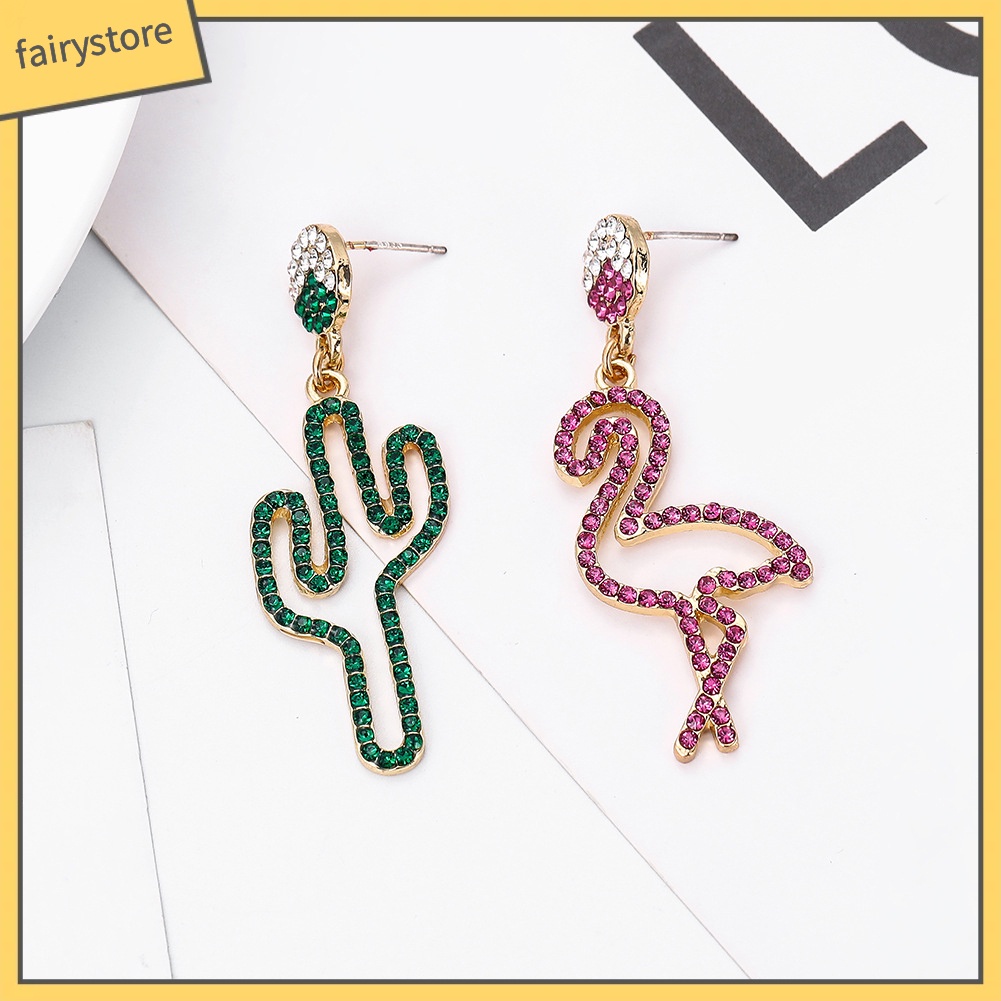 Đôi khuyên tai dài hình hồng hạc và cây xương rồng đính đá thời trang cho nữ