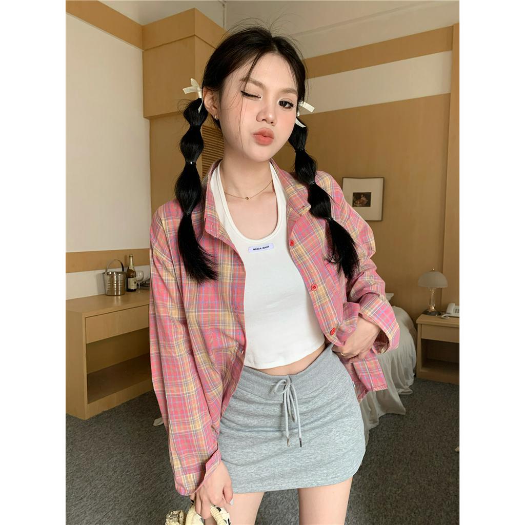 Lalisas Set Áo Sơ Mi Tay Dài Dáng Rộng Kẻ Sọc Caro + Áo Dây Treo Cổ Không Tay Cho Nữ (Đặt Hàng Riêng Biệt)