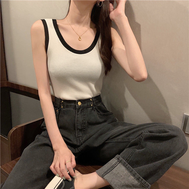 Áo Hai Dây Dệt Kim Phối Màu Tương Phản Thời Trang Mùa Hè 2022 Mới Cho Nữ