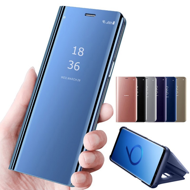 Ốp điện thoại nắp gập thông minh mặt gương trong suốt có giá đỡ cho Samsung Galaxy S9 Plus S8 Plus S6 S7 Edge