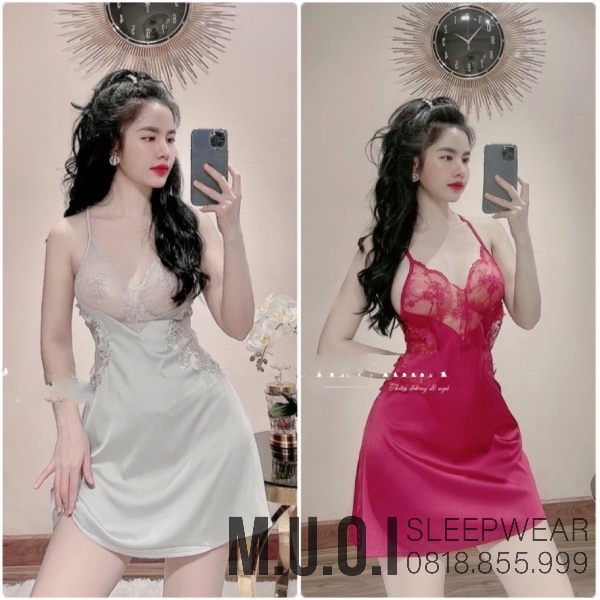 [FREESHIP] Váy ngủ sexy QCCC-Sx88 Váy ngủ lụa phối ren hoa ngực satin QCCC Muối Sleepwear-sẵn