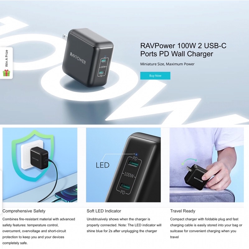Củ sạc nhanh laptop táo PR0, lP13 Series, S21 Series, Note 20 Ultra 5G RAVPOWER RP-PC151 02 USB-C PD/PPS 100W GaN II