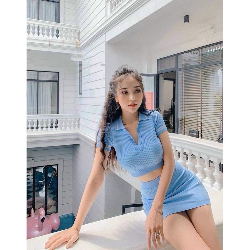 Set áo len nữ cộc tay croptop cổ bẻ phối viền mix chân váy ôm