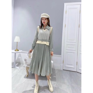 Set gile váy cổ đức chân dập ly kèm đai