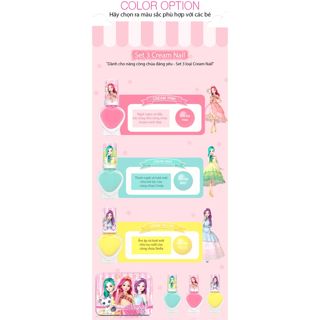 Set 3 sơn móng tay an toàn cho bé Little Bling Secret Jouju Tincase Nail+ 1 hình dán Tatoo Sticker- MADE IN KOREA