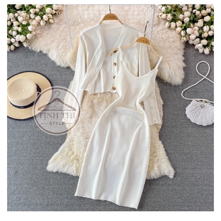 Đầm body len dây phối khoác, Set đầm dây + khoác tay dài chất len dệt kim