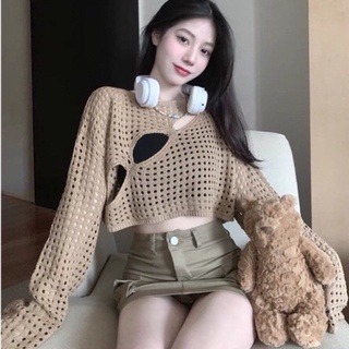 (Tặng kèm áo 2 dây đen )Áo Croptop Dệt Kim Tay Dài Cổ Tròn Màu Trơn Phối Lưới Thời Trang Hàn Quốc Cho Nữ -Chuchaclothing