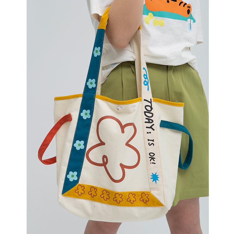 Túi Tote Đeo Vai Vải Canvas In Họa Tiết Màu Sắc Tương Phản Kiểu Hàn Quốc Dễ Thương
