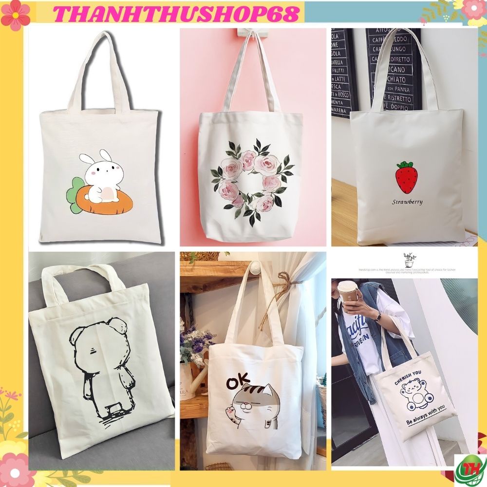 Túi tote vải đeo chéo canvas in hoạ tiết cô gái đáng yêu Thanhthushop68 554