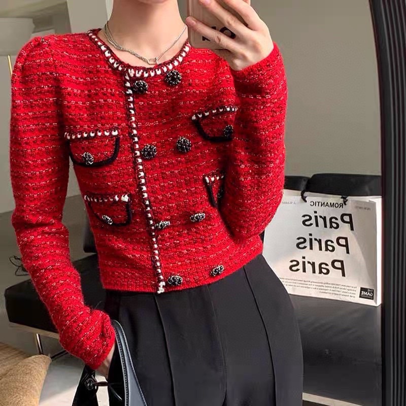 Áo len nữ dáng ngắn ôm thiết kế sang trọng tone đỏ noel thương hiệu Self Portrait cao cấp