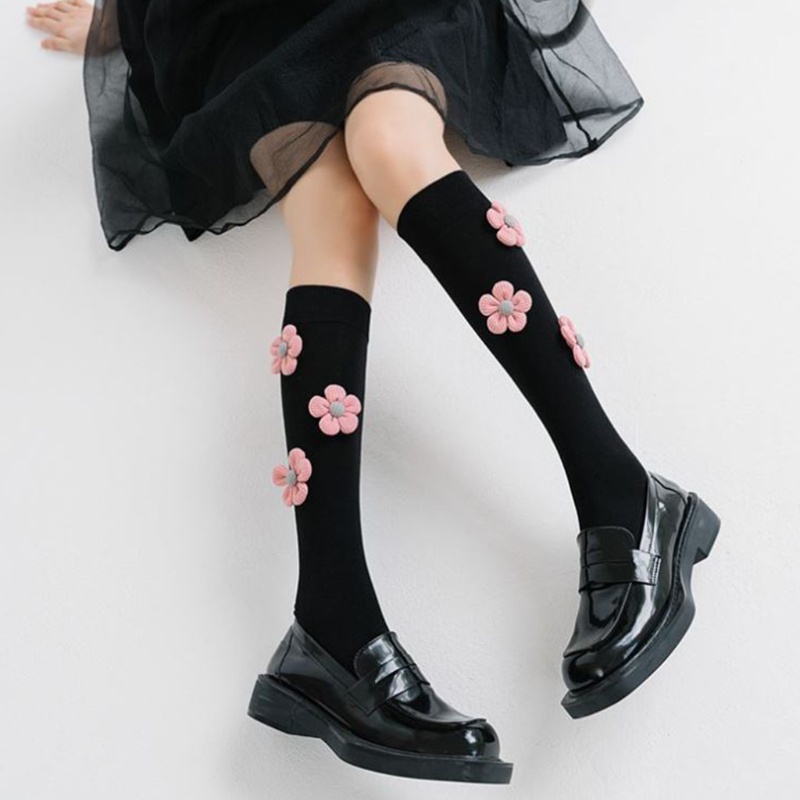 Vớ Dài Qua Gối Vải Cotton Dệt Kim Mỏng Họa Tiết Hoa 3D Kiểu Lolita Nhật Bản Dễ Thương Cho Nữ Sinh