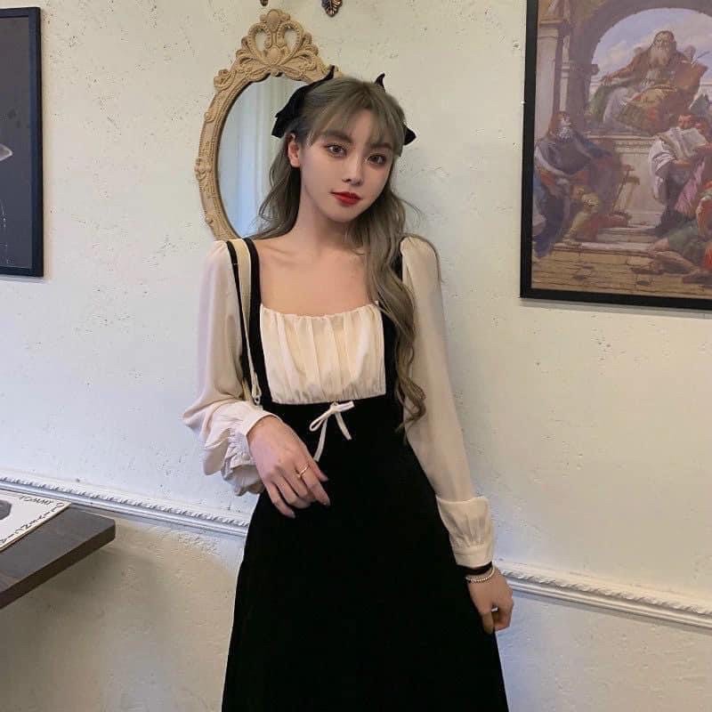 Váy nhung phối nơ tiểu thư phong cách Hàn Quốc nữ tính loại 1 | BigBuy360 - bigbuy360.vn