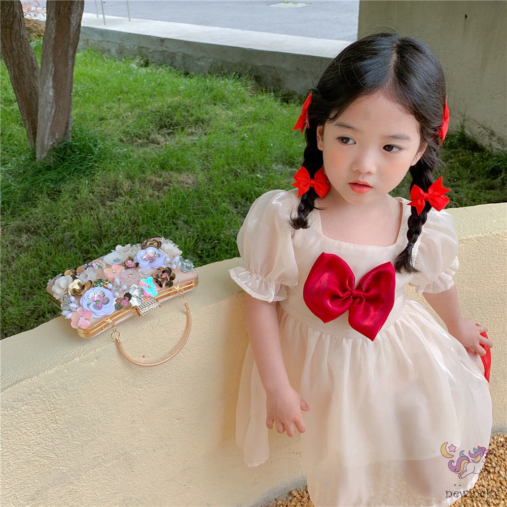 Đầm Công Chúa Tay Phồng Cổ Vuông Thắt Nơ Phong Cách Hàn Quốc Xinh Xắn Cho Bé Gái