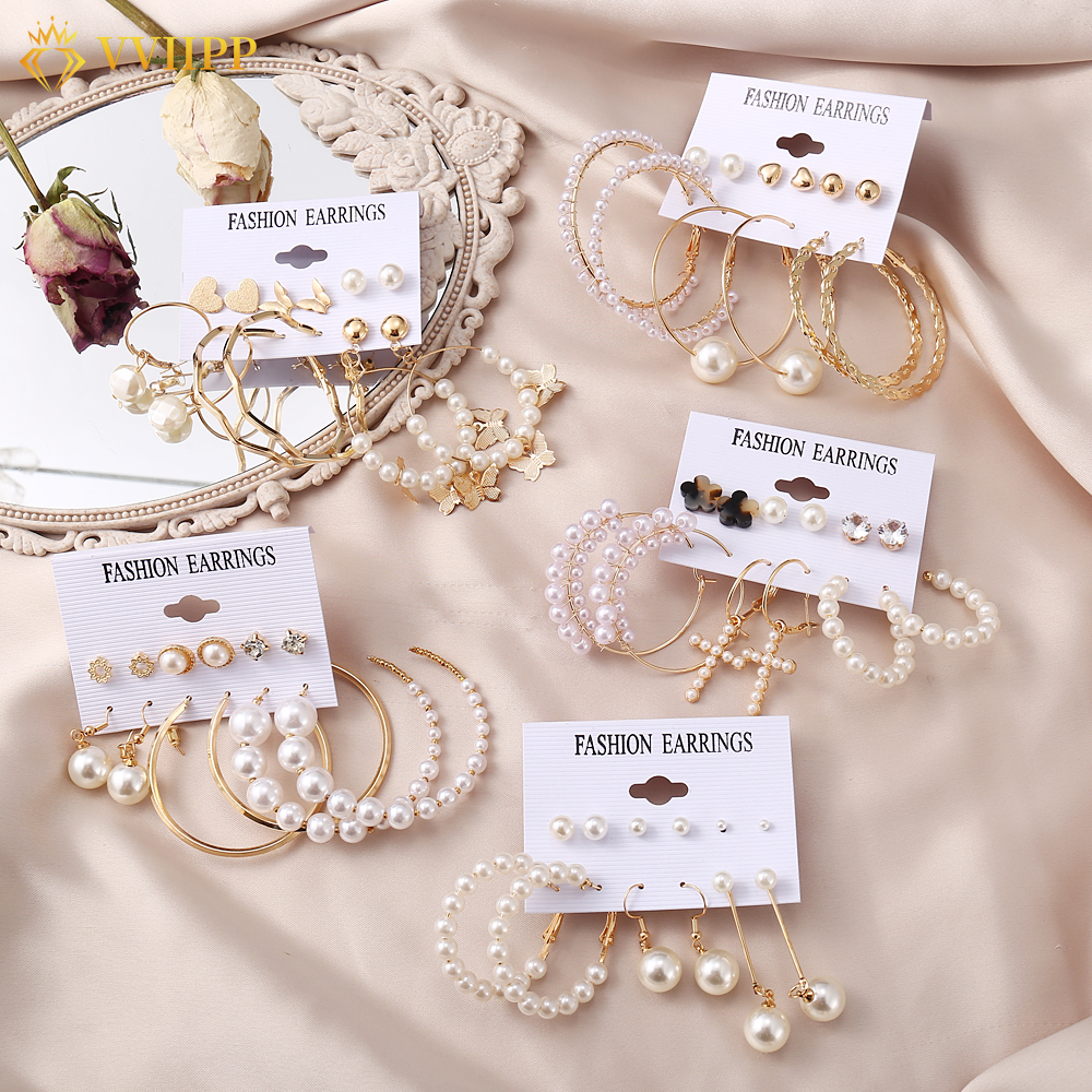 Set 6 đôi khuyên tai thời trang bohem / gắn ngọc trai nhân tạo / cánh bướm / phụ kiện tua rua