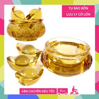 Hủ vàng phong thủy, tụ bảo bồn lưu ly đặt bàn thờ Thần Tài - Tụ 8cm + 3 thỏi vàng lớn