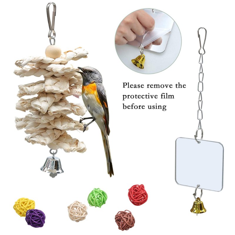 Com* 13 Pcs Bird Parrot Toys Include 7 Hanging Birds Cage Hammock Swing Bell Chew Toy