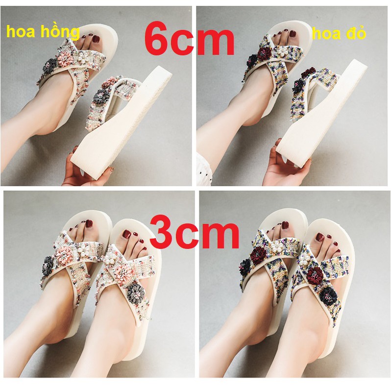 (SẴN HÀNG) Dép Nữ Đế Xuồng Cao Quai Chéo Đính Hoa/ Sandal Thời Trang 6Cm 3CM