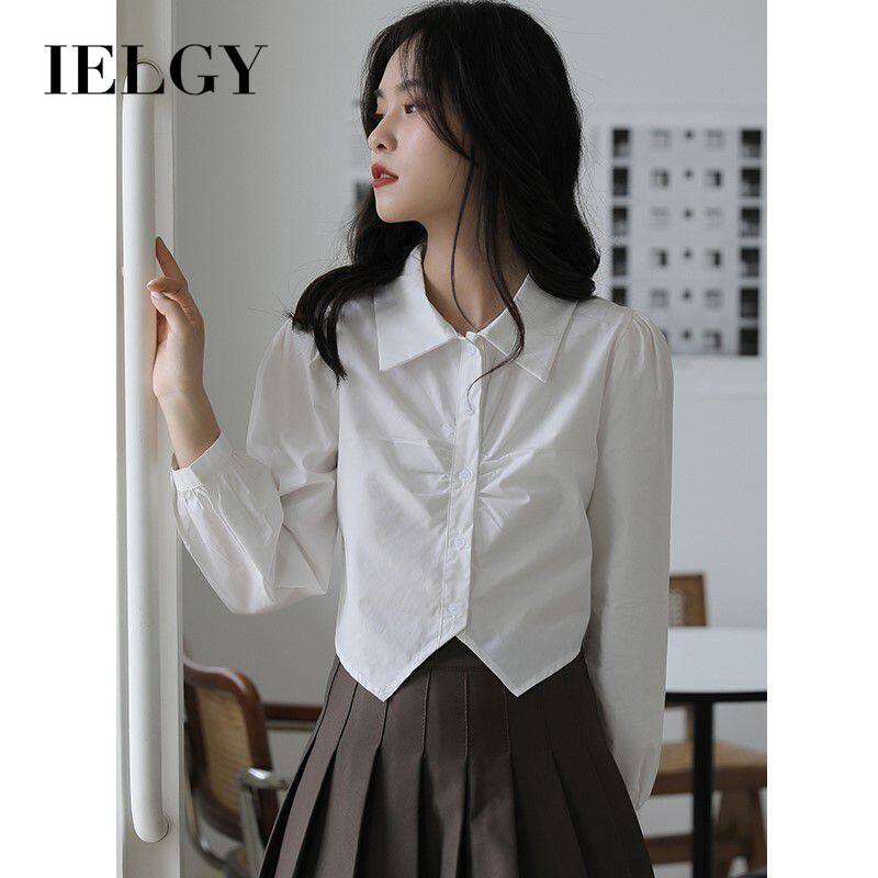 Áo sơ mi IELGY màu trắng tay phồng phong cách Pháp thời trang cho nữ