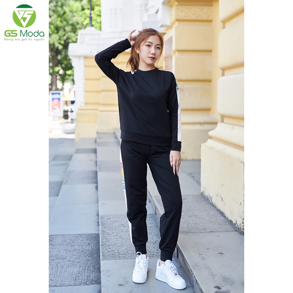 Bộ quần áo nỉ Puluver nữ, dáng thể thao năng động, tay áo phối in, 3 màu thời trang, mềm mại, thoải mái 2110002L