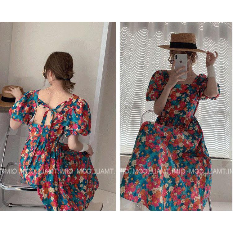 ✨BÁN SỈ✨Đầm hoa cam cổ vông dây lưng tay bồng