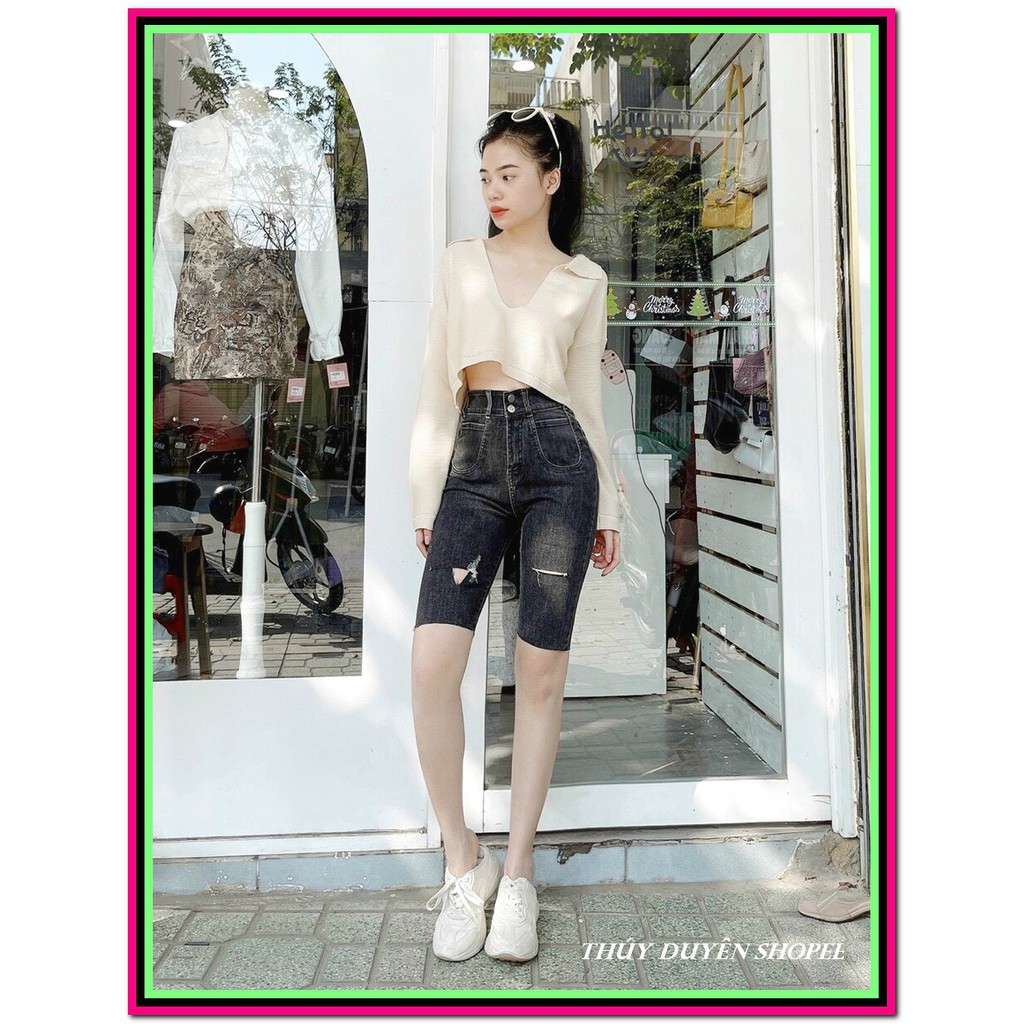 Quần jean LỬNG HAI TÚI BẦU 2 CÚC PHỐI RÁCH màu xám đen chất jean giãn tốt siêu đẹp m04