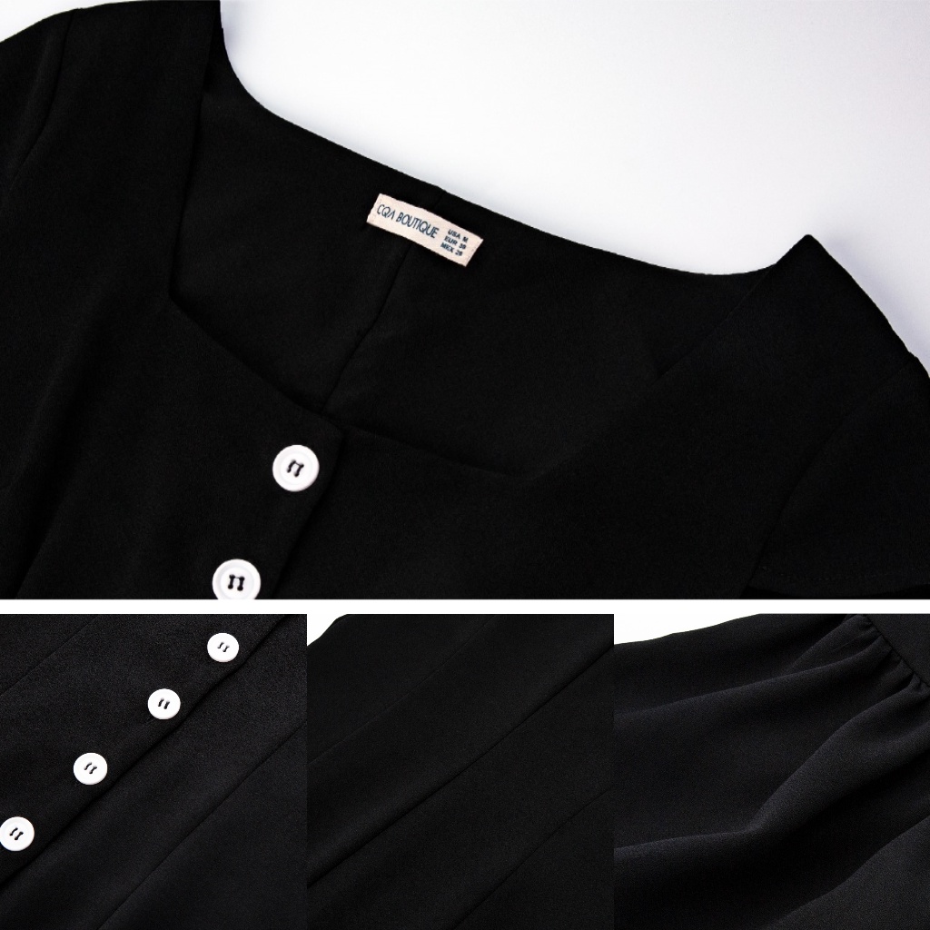 Đầm Bút Chì Dáng Đuôi Cá Tay Ngắn Nút Thân Trước CQA Boutique CQA0013 Màu đen Quyến Rũ Chất Vải Crepe Cao Cấp