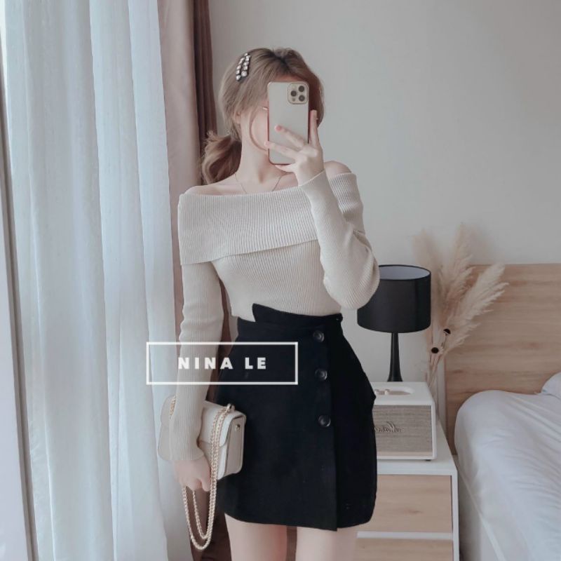 SET ÁO BỆT VAI KÈM CHÂN VÁY NHUNG ( hàng có sẵn )  ALOHASHOP91