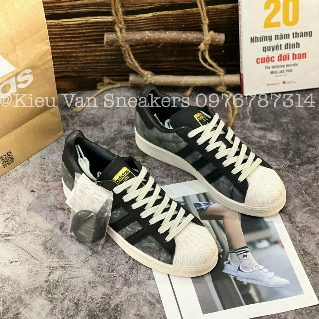Giày Thể Thao Superstar Denim Plack Grey x Atmos Giày Adidas Mũi Sò Vải Bò Đen Họa Tiết Chìm Lai Au