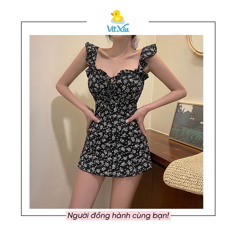 Bộ Bơi Hoa Nhí Đen Viền Ren Hàn Quốc