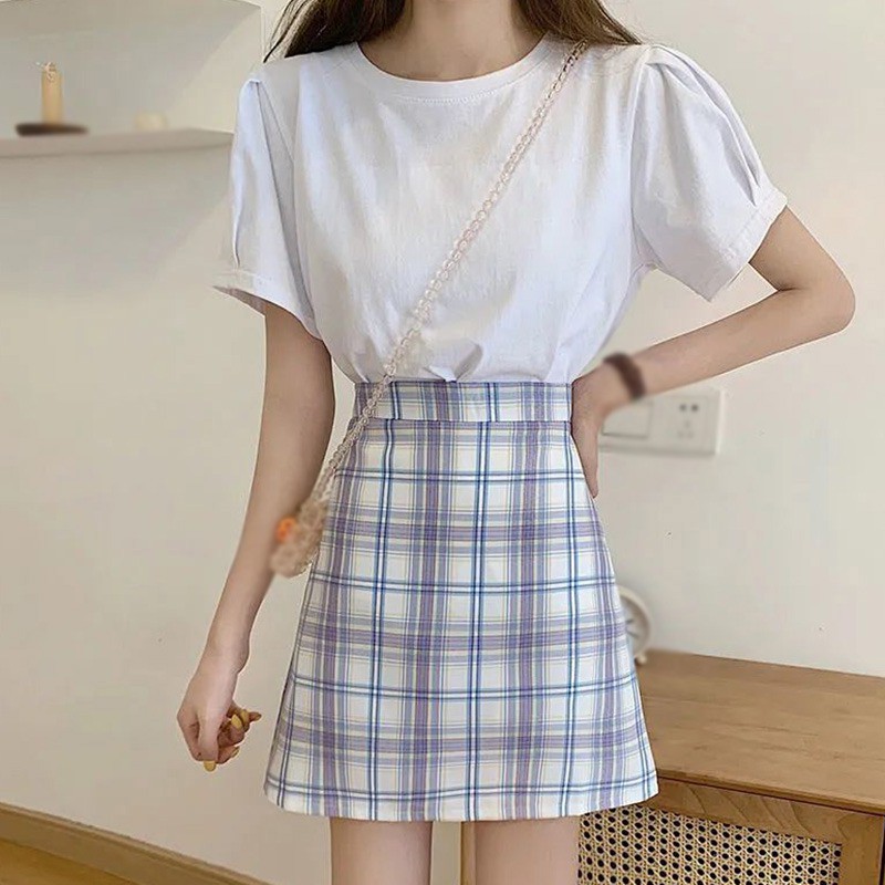 Chân Váy Eo Cao Kẻ Ca-Rô Trẻ Trung Thanh Lịch Hợp Thời Trang
