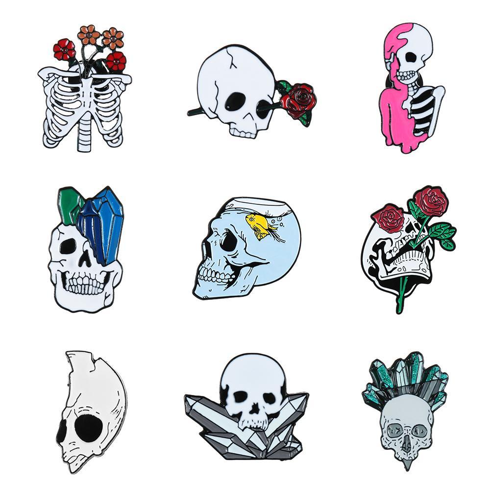 Ghim Cài Áo Hình Đầu Lâu Hoa Hồng Tráng Men Phong Cách Gothic Thời Trang