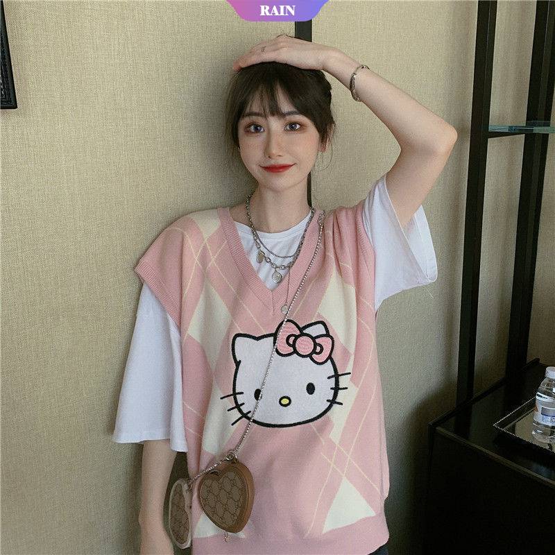 Anime Sanrio Áo Ghi Lê Dệt Kim Ấm Áp Phối Màu Tương Phản Hình Mèo Hello Kitty Phong Cách Trường Học Trẻ Trung Cho Nữ [Srain]
