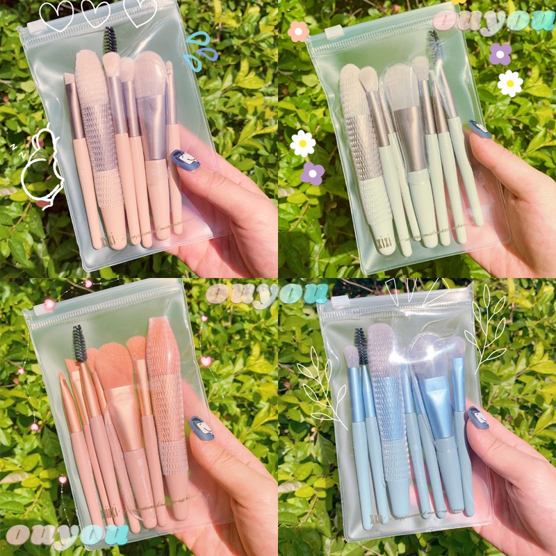 Set 8 cọ đánh phấn trang điểm kèm túi khóa kéo phong cách vintage OUYOU
