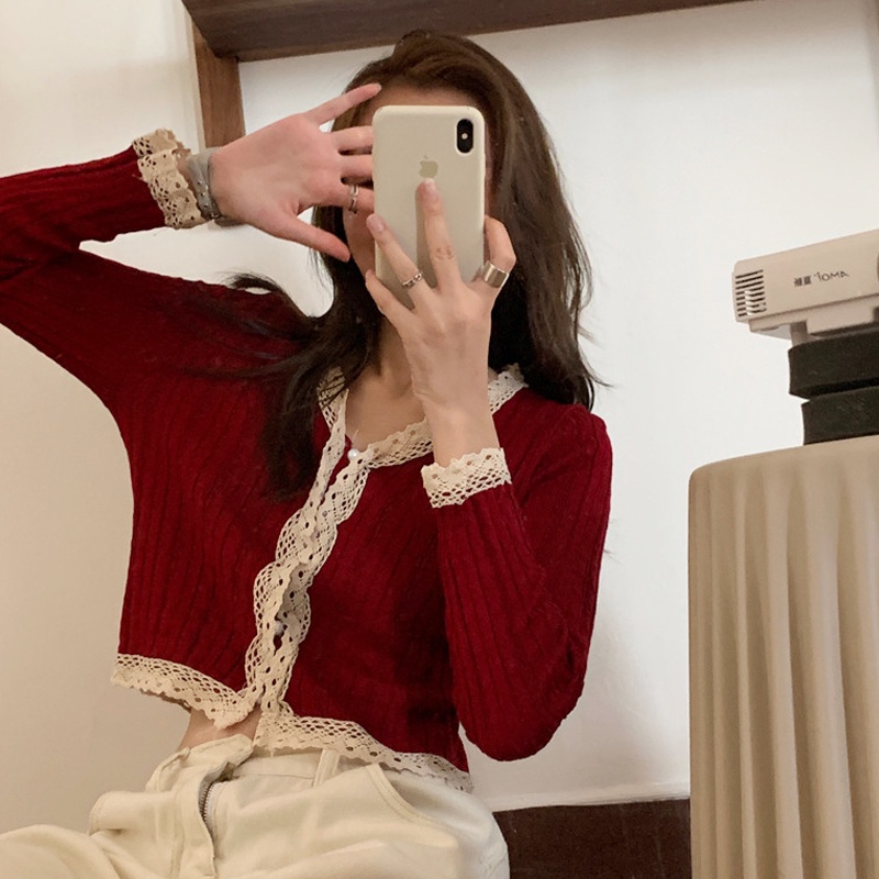 Áo khoác cardigan ZHELIHANGFEI dệt kim cổ chữ V phối ren hoa thiết kế thanh lịch