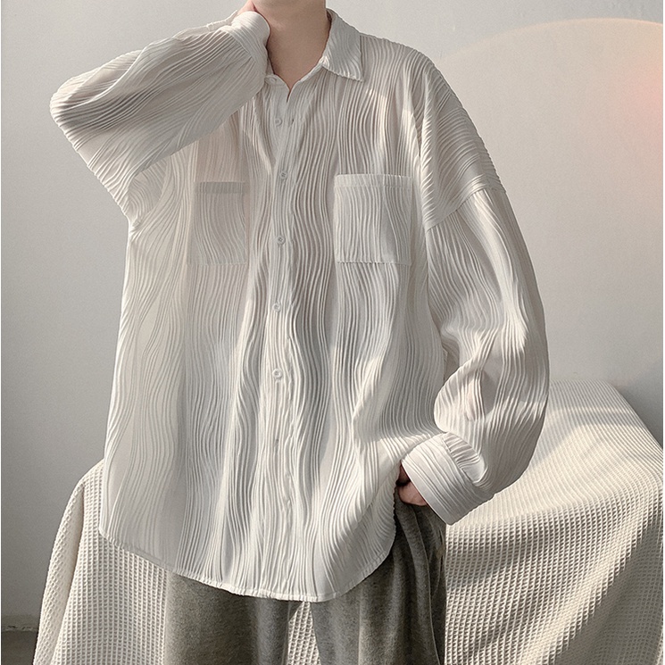 Áo sơ mi tay dài xếp ly thời trang nam hàn quốc dành cho nam big size áo sơ mi nam unisex simple màu rắn đơn giản đơn giản kết cấu thời trang hàng đầu