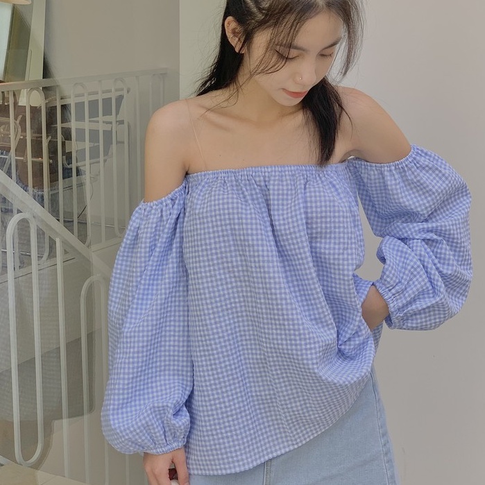 Áo trễ vai nữ cúp ngực kẻ tay dài LOLLIE STUDIO TKA285