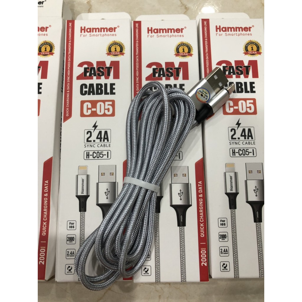 [Mã 2404EL10K giảm 10K đơn 20K] Ip-CÁP SẠC NHANH DÂY DÙ HAMMER C05 CHUÔI LIGHTNING 2.4A, DÀI 2M