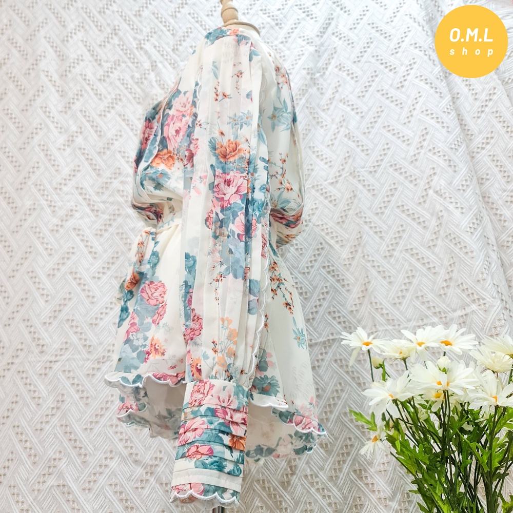 Jumpsuit voan hoa tay bo phồng ngực xếp nếp thắt dây eo nữ tính