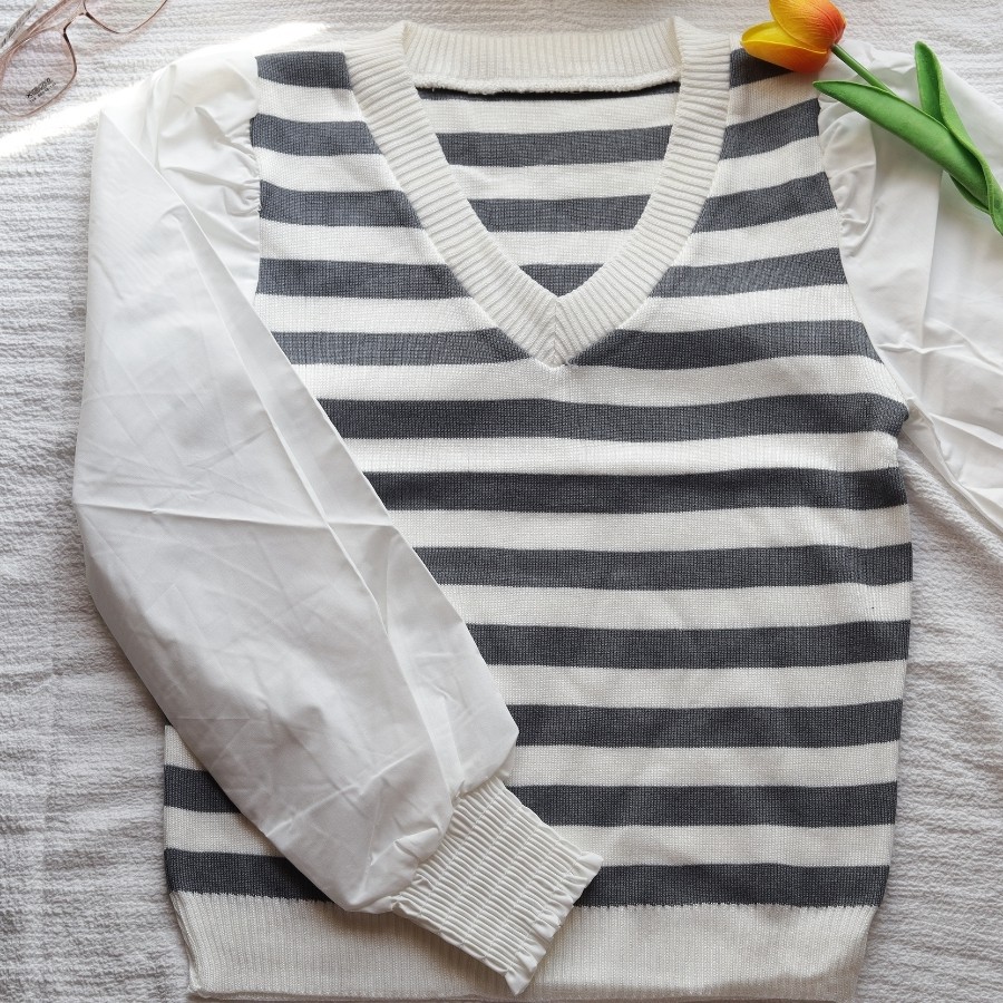 Áo len nữ kiểu Hàn Quốc dài tay cổ tim phối tay bồng sơ mi 3 màu xinh xắn | BigBuy360 - bigbuy360.vn