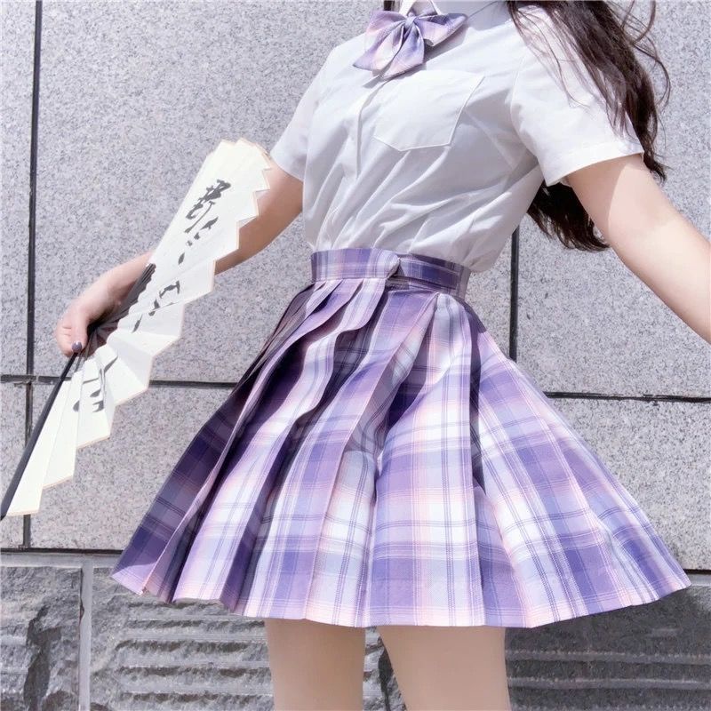 Bộ Đồng Phục Nữ Sinh Nhật Bản Chính Hãng jk Set Áo Sơ Mi Ngắn Váy Xếp Ly Sọc Ca Rô Phong Cách Preppy