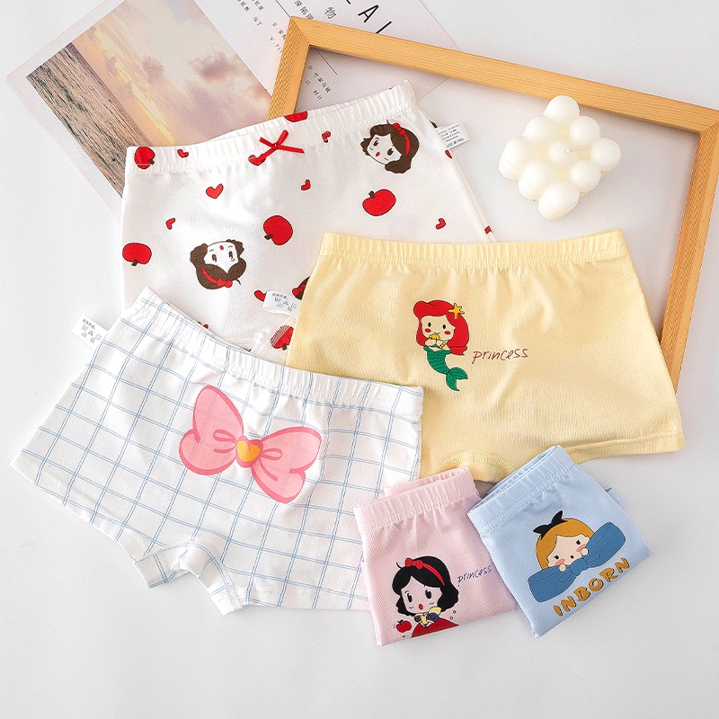 Bộ 5 Quần Lót Boxer Bằng Cotton Thoáng Khí Thoải Mái In Họa Tiết Hoạt Hình Nàng Tiên Cá Cho Bé Gái 3-12 Tuổi